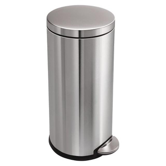 simplehuman studio 30 Liter Round Step Trash Can in Fingerprint-Proof Brushed Stainless Steel product details page