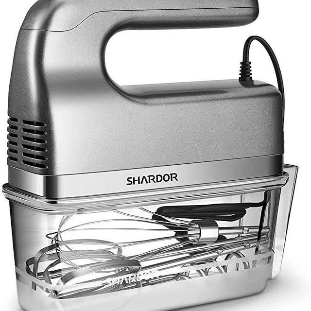 SHARDOR Hand Mixer, 350W Handheld Mixer with Storage Case 5-Speed Plus Turbo Hand Mixer Electric With 5 Stainless Steel Attachments(2 Beaters, 2 Dough Hooks and 1 Whisk), Silver