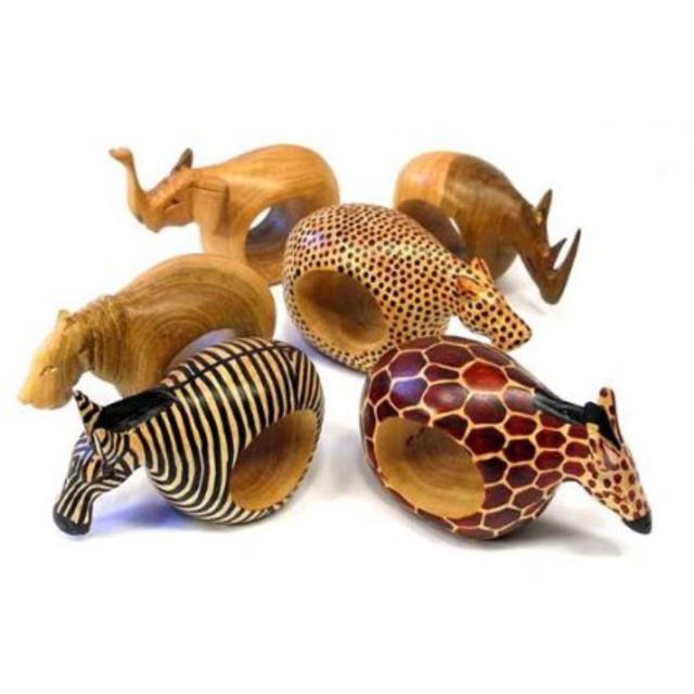 Set of Six Mahogany Wood Animal Napkin Rings