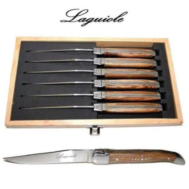 Laguiole - 6 Steak Knives - Real Brown Wood - Blade: 2.5 mm + Smooth + Very Sharp (Perfect Heavy Steak Knife) - With Famous Shepherd's Cross on Handles (Quality Family Zebra Wood Table Flatware/Cutlery Setting for 6 People - Set in Wooden Presentation Box - Direct From France)