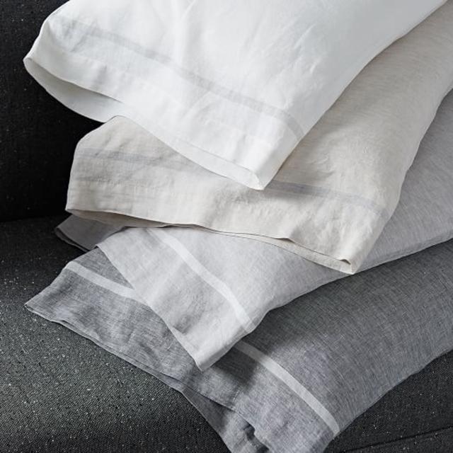Belgian Flax Linen Border Stripe Sheet Set, Queen in Slate