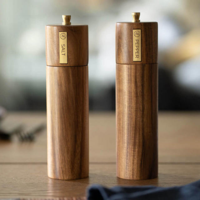 Wooden Salt and Pepper Grinder Set, Sustainable Acacia Wood, 8" - Elegant Sea Salt Grinder and Black Pepper Mill Set for Seasoning, Cooking, Dining - Salt and Pepper Grinders Refillable