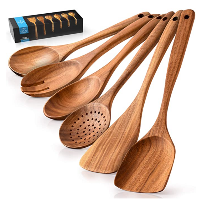Zulay Kitchen Premium Wooden Utensils For Cooking - 6 Pc Set Non-Stick Soft Comfortable Grip Wooden Cooking Utensils - Smooth Finish Teak Wooden Spoon Sets For Cooking