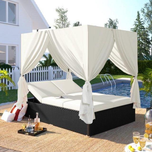 Holaki Outdoor Patio Daybed with Canopy and Storage, Patio Wicker Sunbed Daybed with Cushions, Beige