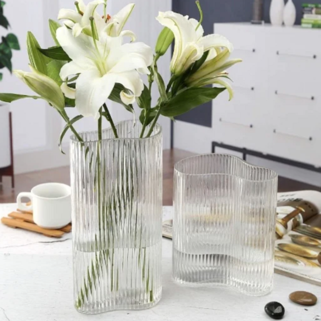 Contour Ribbed Glass Vase Set of 2