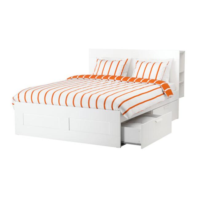 BRIMNES Bed frame with storage & headboard, white, Luröy