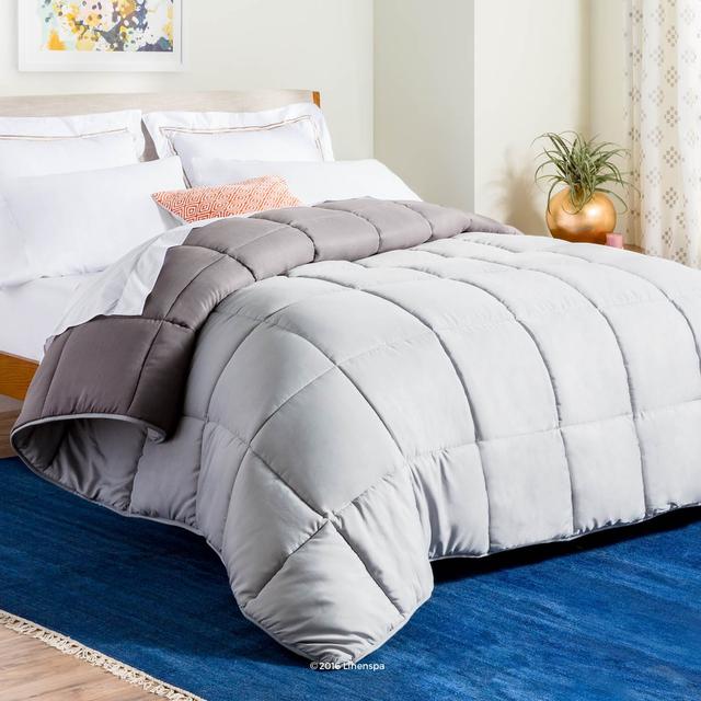 LINENSPA Reversible Down Alternative Quilted Comforter with Corner Duvet Tabs - Stone/Charcoal - Queen