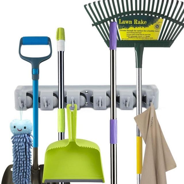 ForHauz Broom Holder with 5 Holding Positions & 6 Hooks, Easy Wall Mount Storage for Organizing Garage or Closet