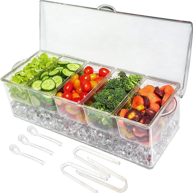 Elegant Events Ice Chilled 5 Compartment Condiment Server Caddy - Serving Tray Container with 5 Removable Dishes with Over 2 Cup Capacity Each and Hinged Lid | 3 Serving Spoons + 3 Tongs Included