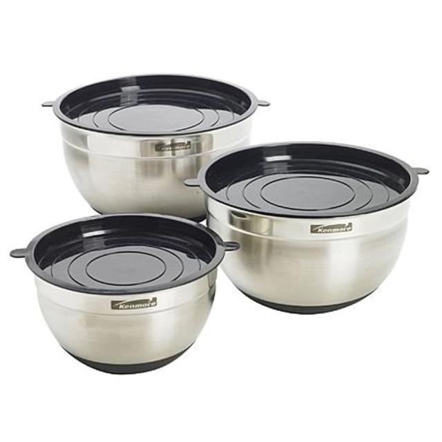 Kenmore 3 Piece Stainless Steel Bowl With Silicone Bottoms And Lids - Home - Kitchen - Bakeware - Mixing Bowls
