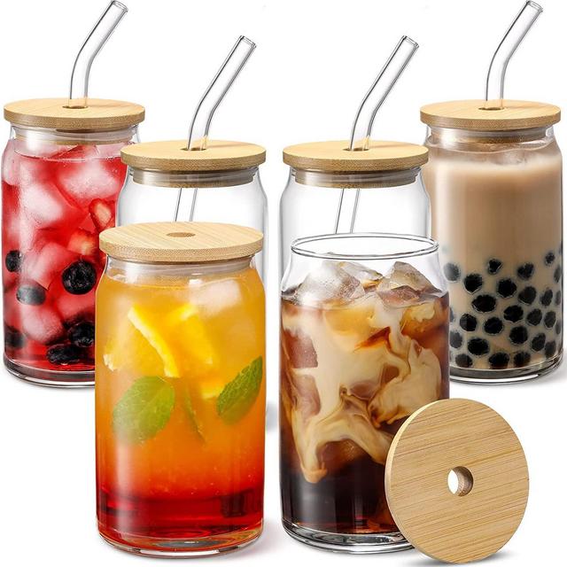 Glass Cups with Bamboo Lids and Glass Straw - Beer Can Shaped Drinking Glasses, 16 oz Iced Coffee Glasses, Cute Tumbler Cup for Smoothie, Boba Tea, Whiskey, Water - 2 Cleaning Brushes