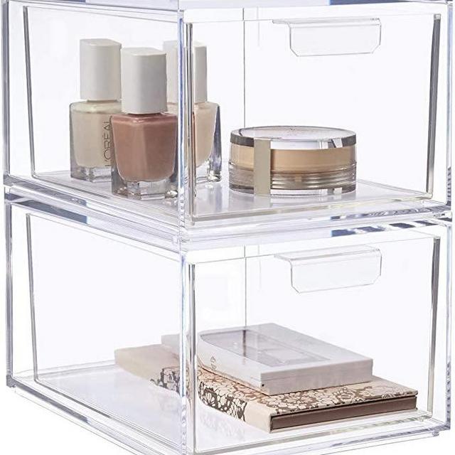STORi Audrey Stackable Clear Plastic Organizer Drawers | 2 Piece Set | 4.5-Inches Tall | Organize Cosmetics and Beauty Supplies on a Vanity | Made in USA