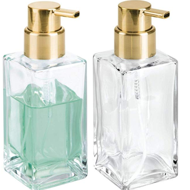 mDesign Modern Square Glass Refillable Foaming Hand Soap Dispenser Pump Bottle for Bathroom Vanities or Kitchen Sink, Countertops - 2 Pack - Clear/Soft Brass