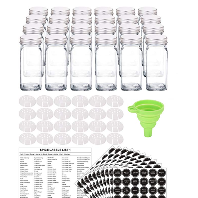 24 Glass Spice Jars with 360 Spice Jar Labels and Funnel Complete Set by SWOMMOLY. 24 Square Glass Jars 4OZ, Airtight Cap, Pour/sift Shaker Lid