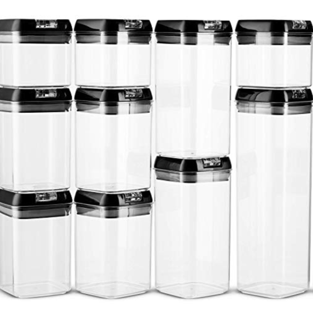 Airtight Pantry Storage Container Set of 12 + 18 Labels & Chalk Marker - Strong Heavy Duty Plastic - BPA Free - Airtight Food Storage Clear Plastic with Black Interchangeable Easy Lock Lids