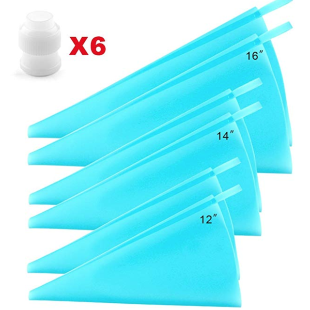 Silicone Pastry Bags, Weetiee 3 Sizes Reusable Icing Piping Bags Baking Cookie Cake Decorating Bags (12’’+14’’+16’’)- 6 Pack - Bonus 6 Icing Couplers Fit to Wilton Standard Size Tips