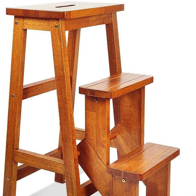 Costzon Folding Step Stool 3 Tier Wood Ladder, 3-in-1 Design with Ladder, Stool and Storage Shelf, Multifunction Pine Wood Foldable Ladder for Home, Library, 353lbs Capacity (Nut-Brown)