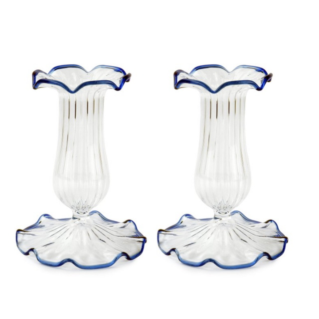 Set-Of-Two Small Scalloped Glass Candle Sticks