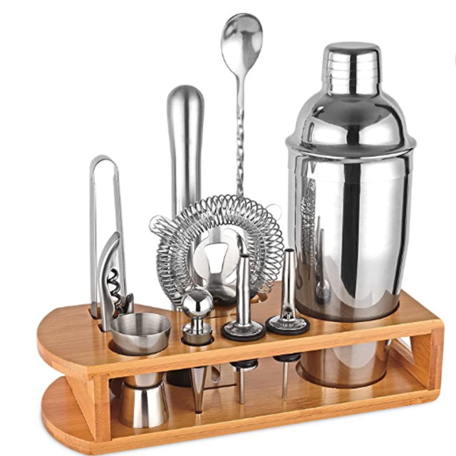 Cocktail Shaker Set Bartender Kit : 12-Piece Bar Tool Set with Bamboo Stand | Bar Set with All Practical Bar Accessories, for Drink Mixing, Bar, Home, Lounge & Party (Silver)