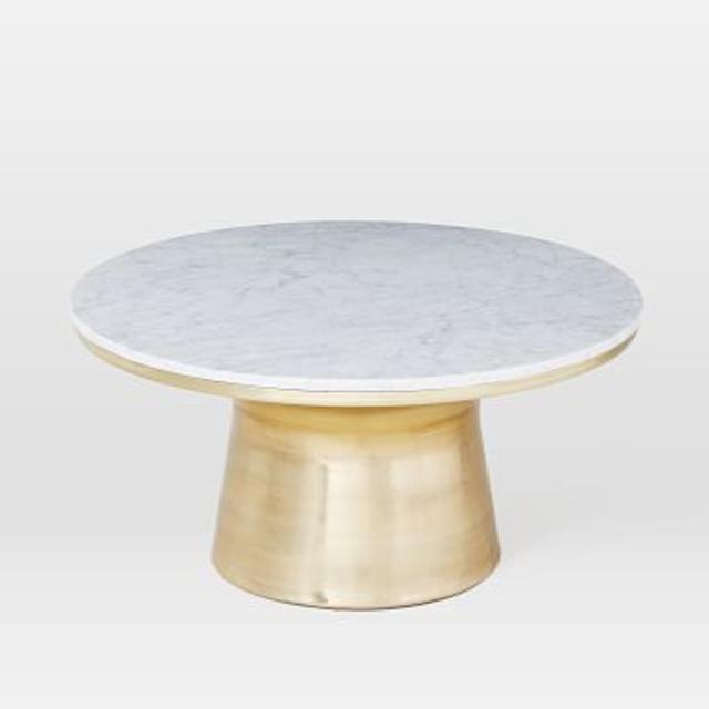 Marble Topped Pedestal Coffee Table, (30.5" Diam.), White Marble/Antique Brass Base