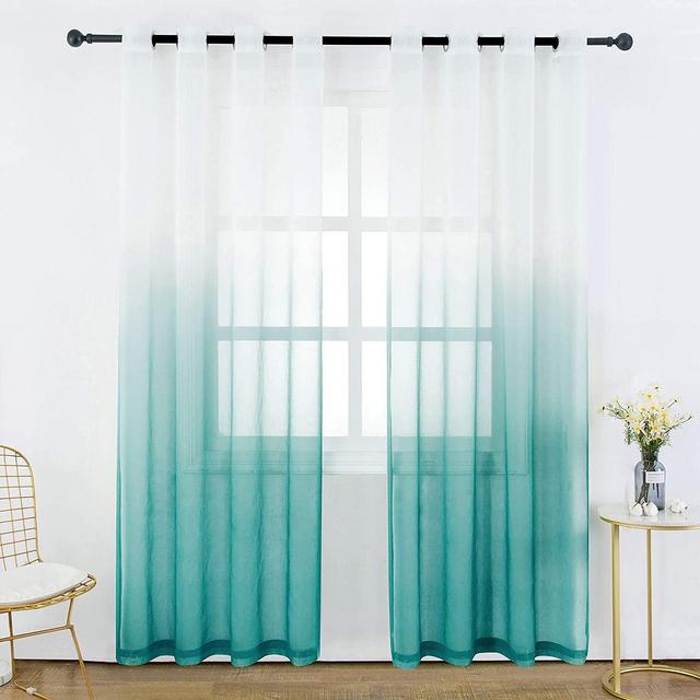 Bermino Faux Linen Sheer Curtains Voile Grommet Ombre Semi Sheer Curtains for Bedroom Living Room Set of 2 Curtain Panels 54 x 84 inch Teal Gradient