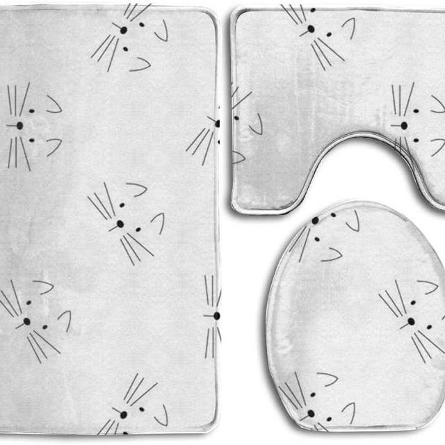Coolsome Bath mat,3 Piece Bathroom Rug Set,Lovely Cat's Face Flannel Non Slip Toilet Seat Cover Set,Large Contour Mat,Lid Cover For Men/Women