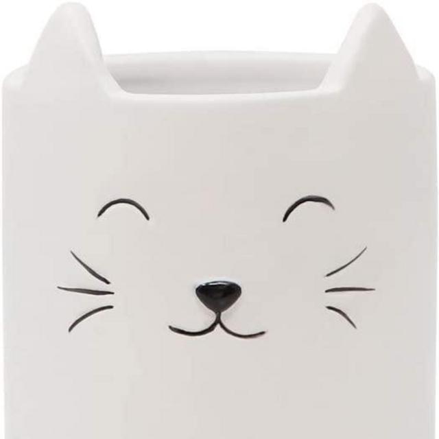 Isaac Jacobs White Ceramic Cat Makeup Brush Holder, Multi-Purpose Cup Organizer. Bathroom, Kitchen, Bedroom, Office Décor (Single Cup, Pastel White)