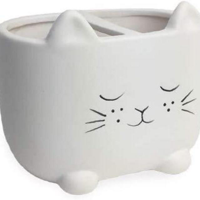 Isaac Jacobs White Ceramic Cat Makeup Brush Holder, Multi-Purpose 2-Section Organizer. Bathroom, Kitchen, Bedroom, Office Décor (2-Section Cup, Pastel White)