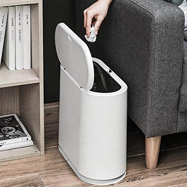 Trash Can, 10 Liter / 2.4 Gallon Plastic Slim Garbage Container Bin with Press Top Lid, White Waste Basket