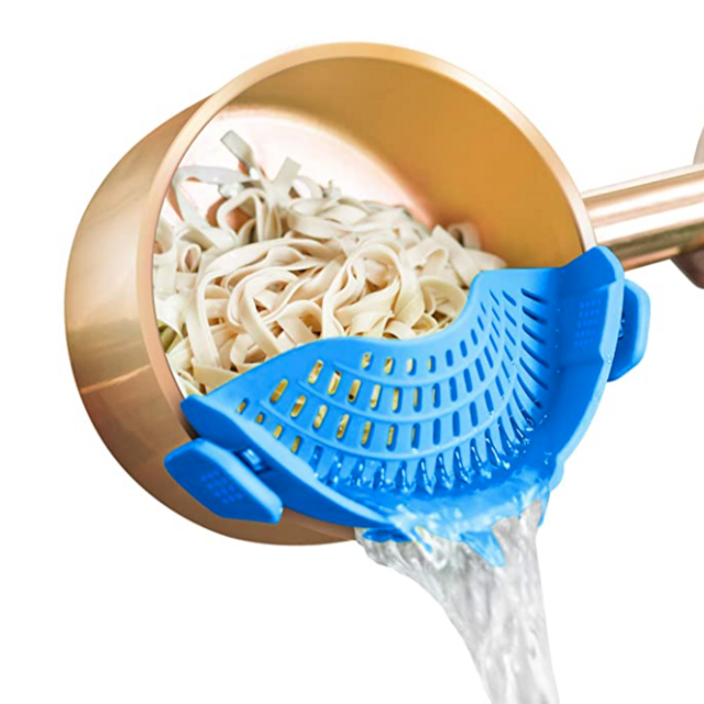 Strainer with 2 Clip for Veggies Pasta Ground Meat and More for Pots Pans Heat Resistant Silicone, Blue
