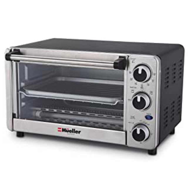 Toaster Oven 4 Slice, Multi-function Stainless Steel Finish with Timer - Toast - Bake - Broil Settings, Natural Convection - 1100 Watts of Power, Includes Baking Pan and Rack by Mueller Austria