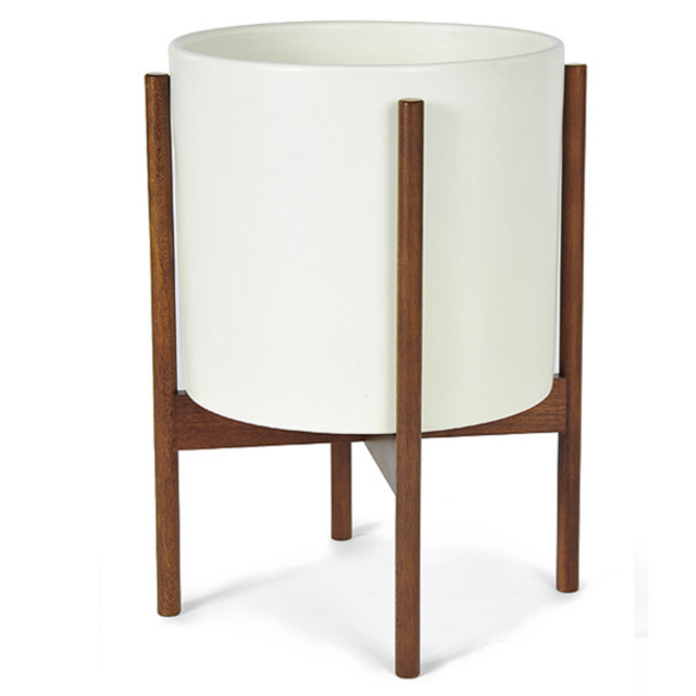 Large Case Study Cylinder Planter with Walnut Stand in White