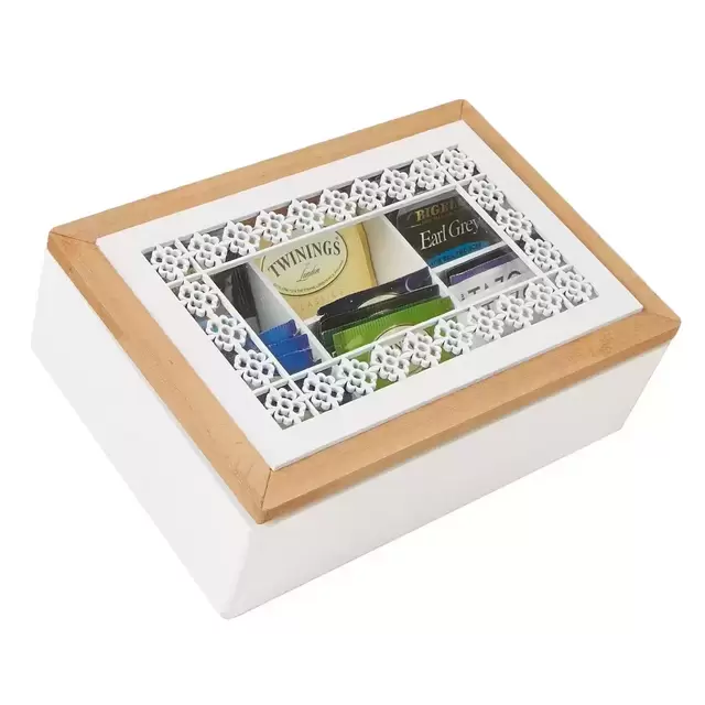 Mind Reader Tea Box Storage Holder with Glass Window Wood Pattern