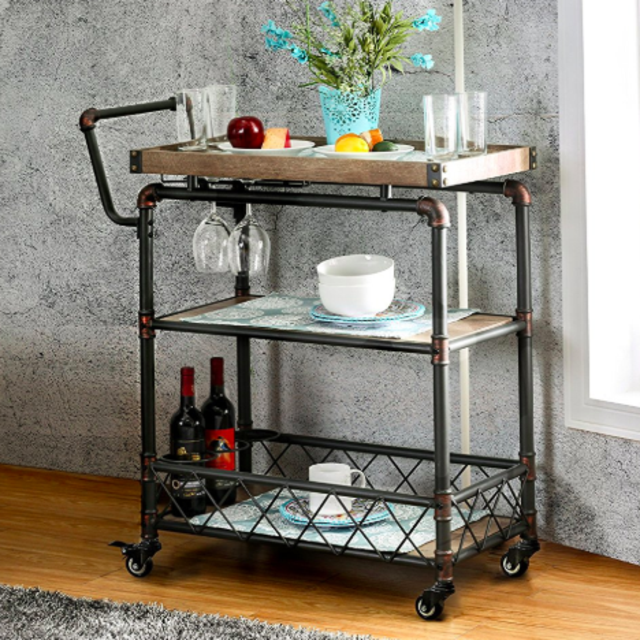 HOMES: Inside + Out IDF-AC6847 Antique Black Deon Industrial Serving Cart