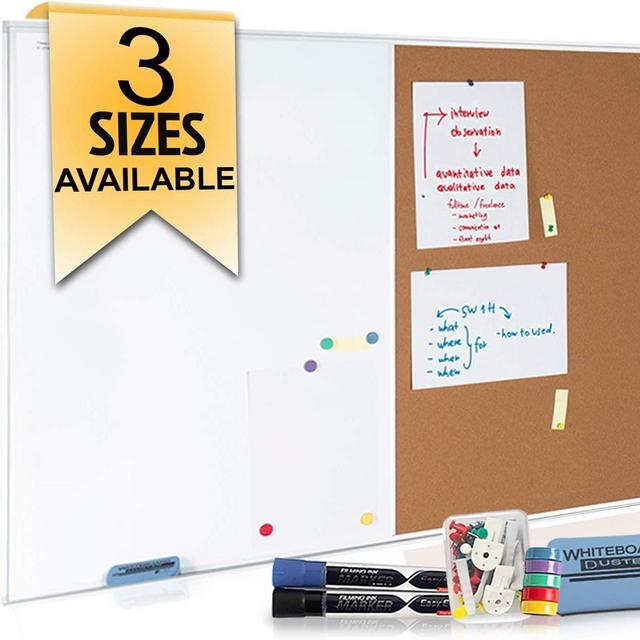 Large 48 x 36 White Board and Cork Board Combo, Magnetic Half Bulletin Corkboard Combination for Office Wall | Memo & Vision Board Notes, Dry Erase Whiteboard | Tack Board w/ Markers, Eraser, Pins