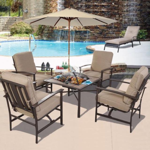 GHP Outdoor Patio 5-Piece Chair & BBQ Stove Fire Pit Table Furniture Set w Umbrella