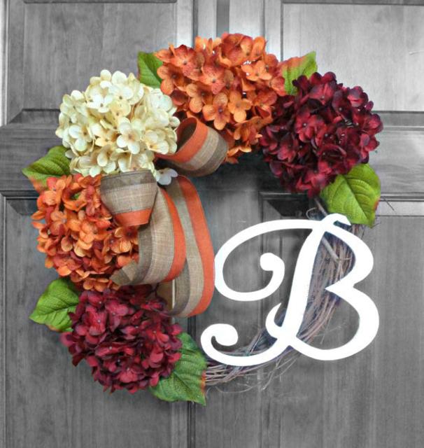 Fall Wreath, Front Door Wreaths, Hydrangea Wreath with Monogram, Initial Wreath, Etsy Wreaths,Fall Decor, Autumn Wreath, Thanksgiving Wreath