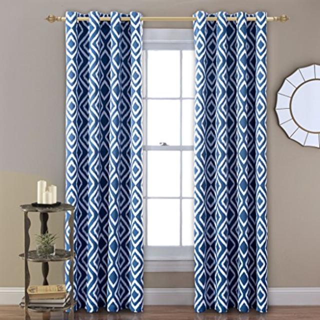 FlamingoP Room Darkening Ikat Fret Blackout Top Grommet Unlined Thermal Insulated Window Curtains, Set of Two Panels, each 84 by 52, Navy