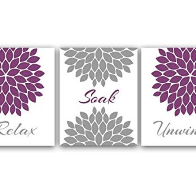 UNFRAMED PRINTS (CHOOSE YOUR SIZES) - Bathroom Wall Art, Relax Soak Unwind, Purple and Gray Bathroom Decor, Modern Bathroom Art, Set of 3 Bath Art Prints - BATH6