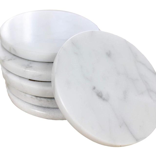 CraftsOfEgypt Set of 6 - White Marble Stone Coasters – Polished Coasters – 3.5 Inches (9 cm) in Diameter – Protection from Drink Rings