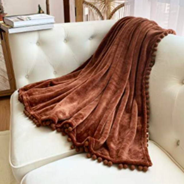 LOMAO Flannel Blanket with Pompom Fringe Lightweight Cozy Bed Blanket Soft Throw Blanket fit Couch Sofa Suitable for All Season (51x63) (Brown, 51''x 63'')