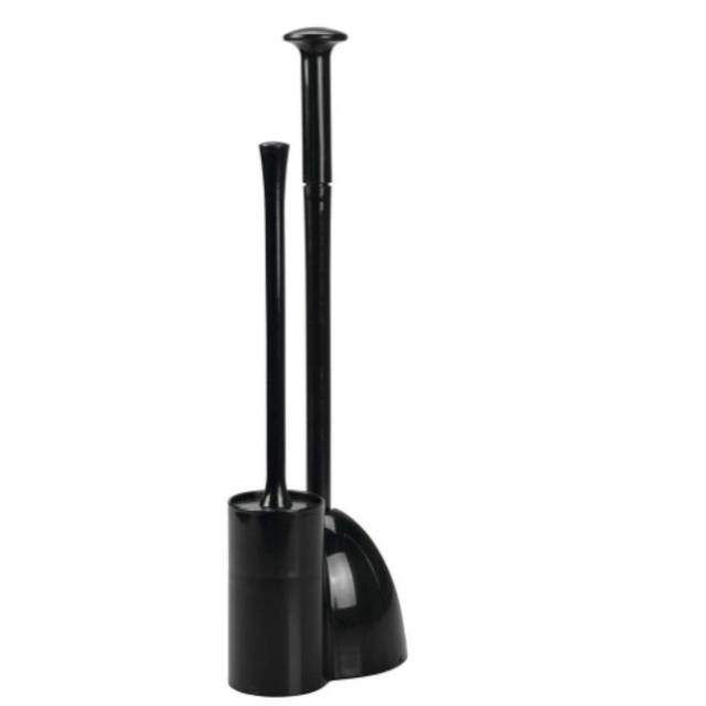 mDesign Modern Slim Compact Freestanding Plastic Toilet Bowl Brush Cleaner and Plunger Combo Set Kit with Holder Caddy for Bathroom Storage and Organization - Covered Lid Brush - Black