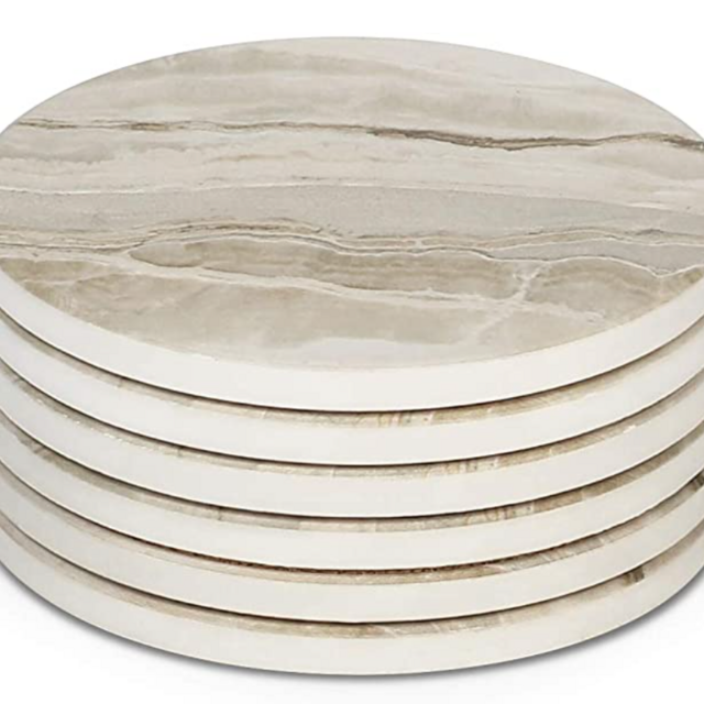 LIFVER Drink Coasters 6 Pieces Ceramic, Absorbent Coasters for Drinks ,Stone Style Coaster Set with Cork Base for Wooden Table ,Housewarming Gift for Friend