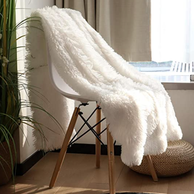 Decorative Extra Soft Faux Fur Throw Blanket 50" x 60",Solid Reversible Fuzzy Lightweight Long Hair Shaggy Blanket,Fluffy Cozy Plush Fleece Comfy Microfiber Fur Blanket for Couch Sofa Bed,Pure White