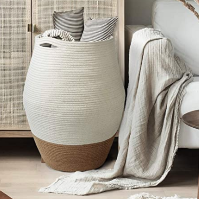 Goodpick Large Laundry Hamper | Tall Wicker Hamper Laundry Basket, Soft Cotton Rope Woven Hamper, Farmhouse Design Graceful Curve Basket 25.6 Inches Height