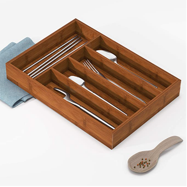 BAMEOS Drawer Organizer Bamboo Silverware Holder, Cutlery Tray Flatware and Utensil Organizer for Knife Spoon Tool Kitchen Garage