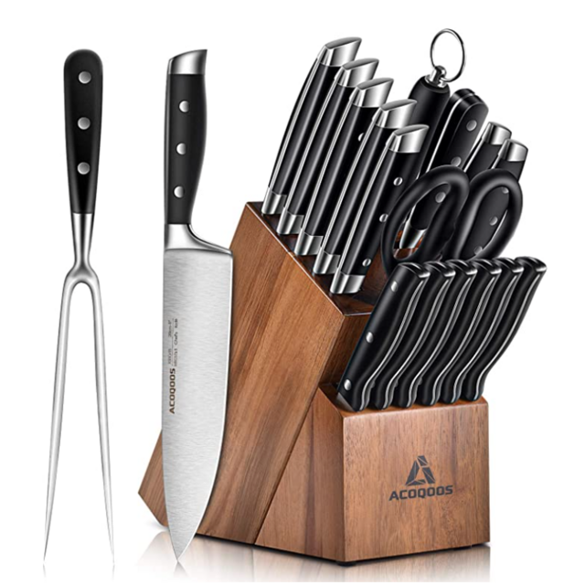 Acoqoos Kitchen Knife Set, 17-Piece Knife Block Set with Boning Knife and Carving Fork, German Stainless Steel, Full-Tang Design