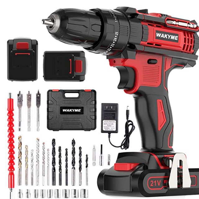 Cordless Drill Driver Kit with 2 Batteries, WAKYME 21V Impact Drill 350 In-lb Torque 25+3 Clutch, 3/8" Keyless Chuck, Variable Speed & Built-in LED Impact Drill for Drilling Wall, Bricks, Wood, Metal