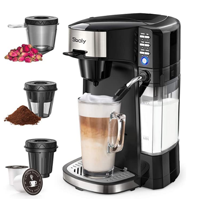 Sboly 6 In 1 Coffee Machine, Single Serve Coffee, Tea, Latte and Cappuccino Maker, Compatible With K-Cup Pods & Ground Coffee, Compact Coffee Brewer with Dishwasher Safe Milk Frother