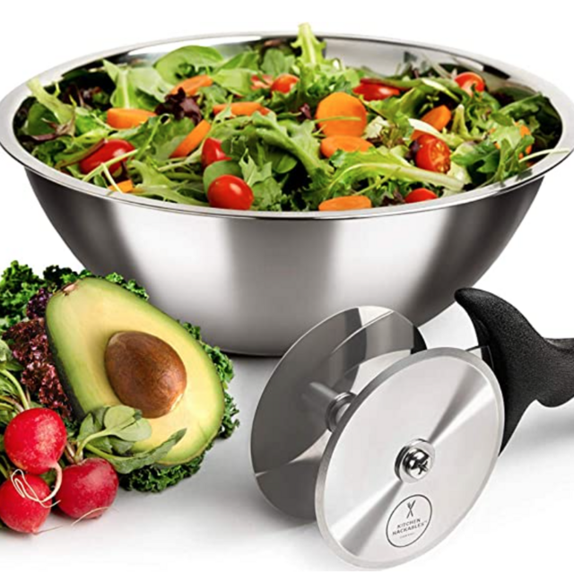 Salad Chopper Blade and Bowl – Stainless Steel Salad Cutter Bowl with Chef Grade Mezzaluna Salad Chopper – Ultra-Fast Salad Prep by Kitchen Hackables